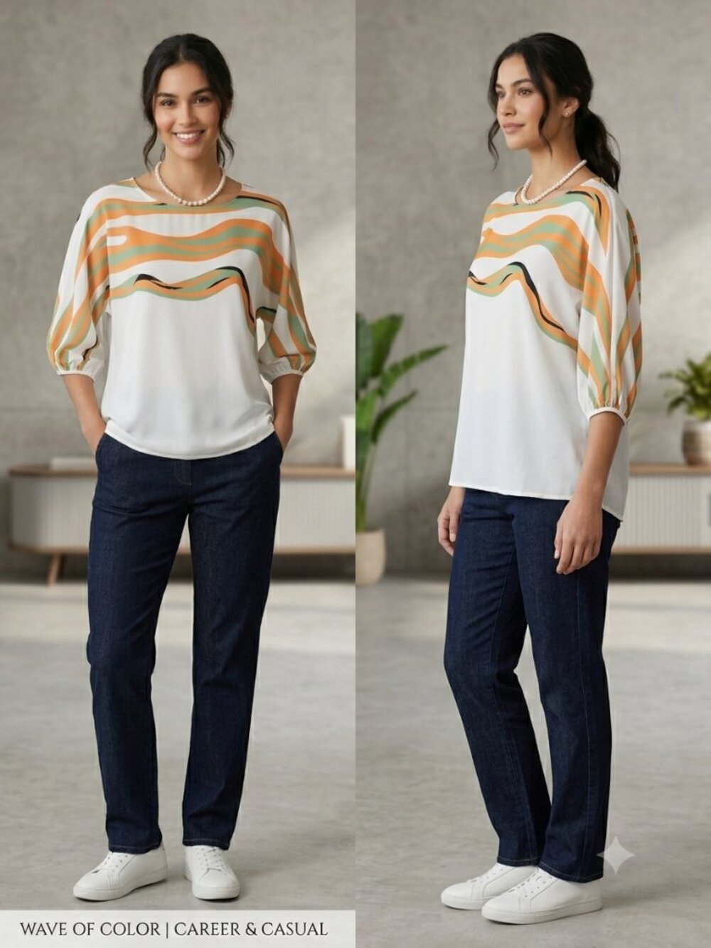 Wave Design Orange Green White Office Career Women's Blouse Size Large NEW